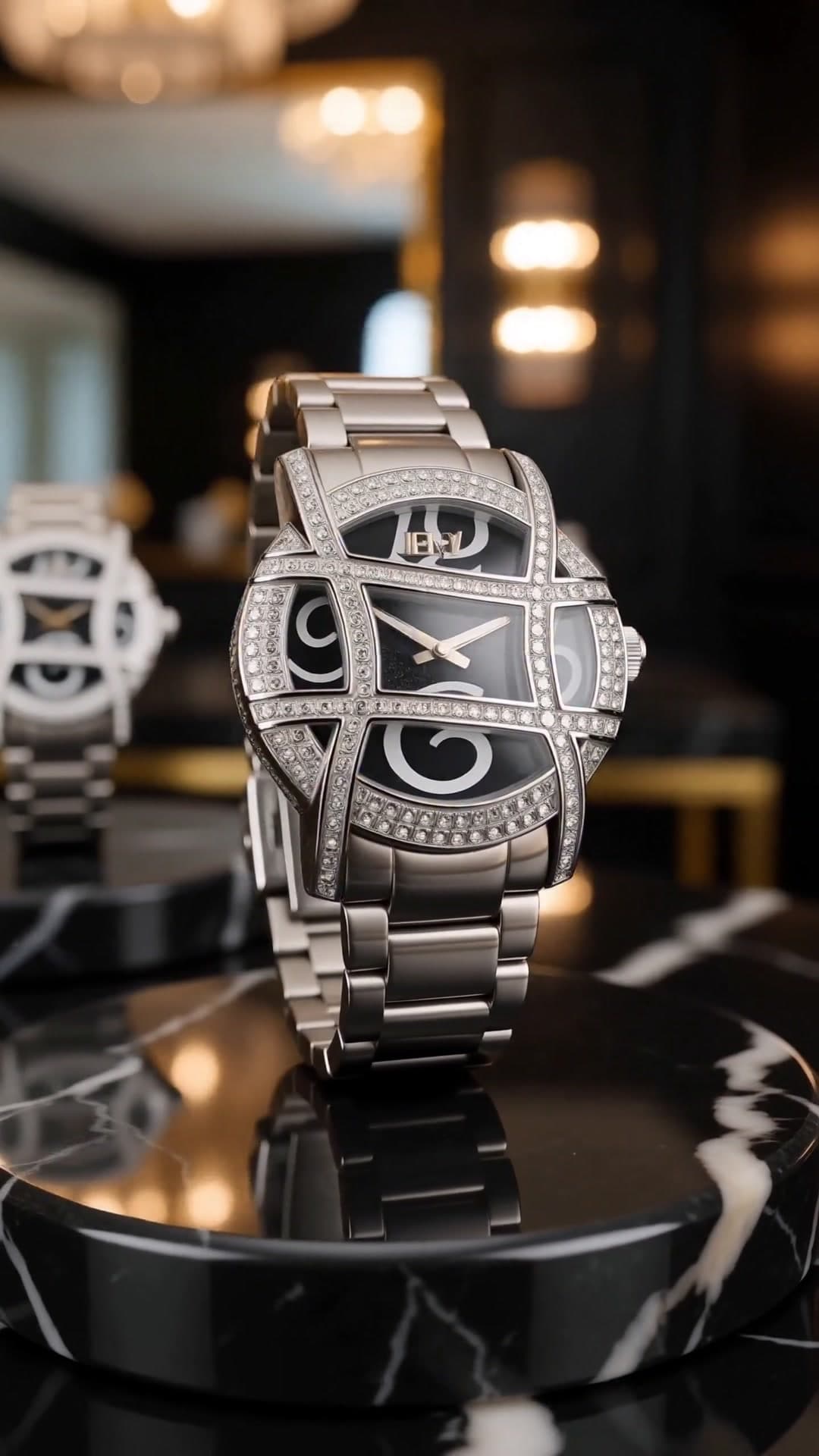 Two crystal watches on black marble plinths