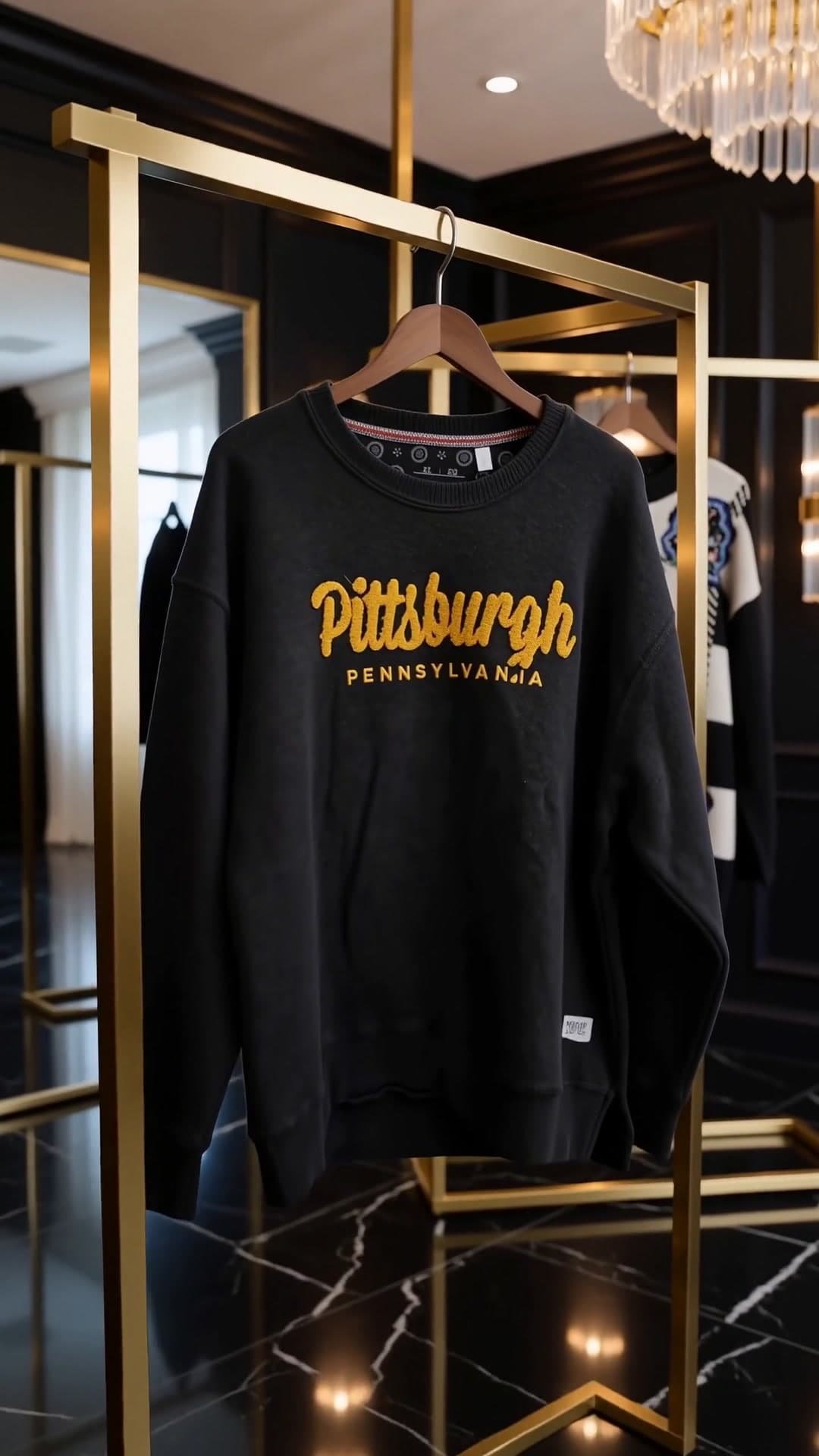 Gold rails and a black sweatshirt in the boutique