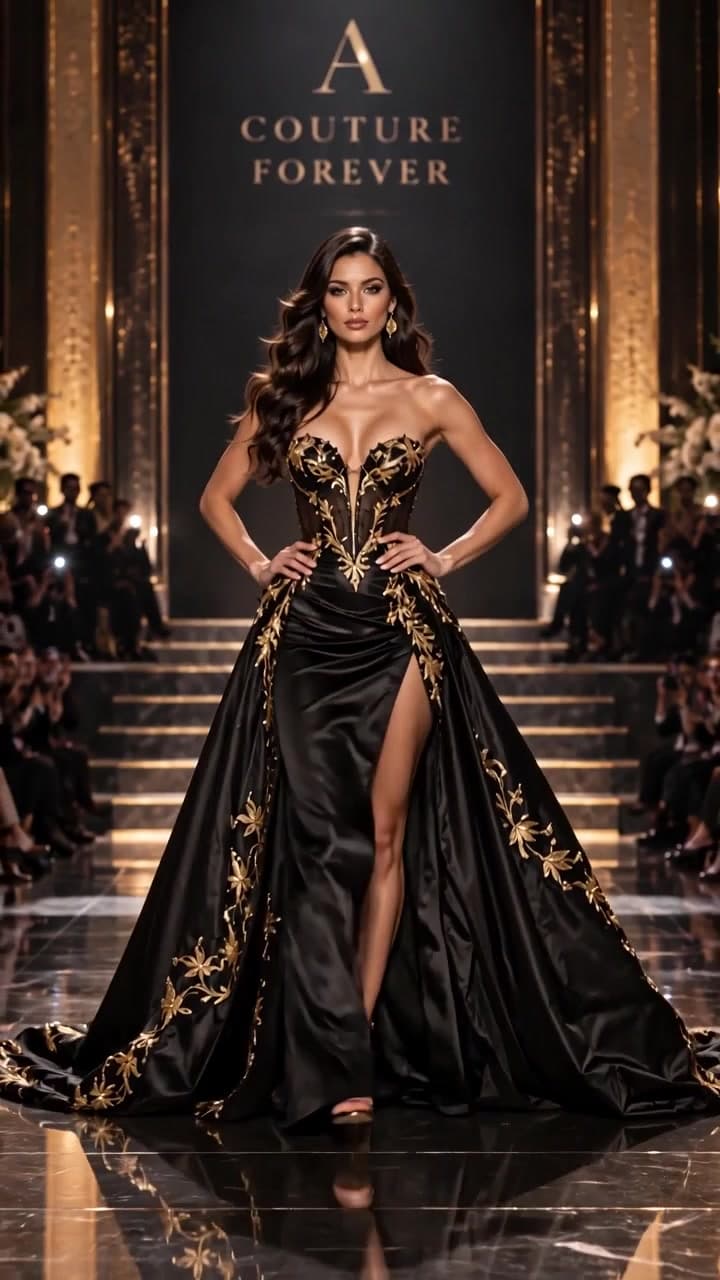 The model begins her walk beneath the chandeliers
