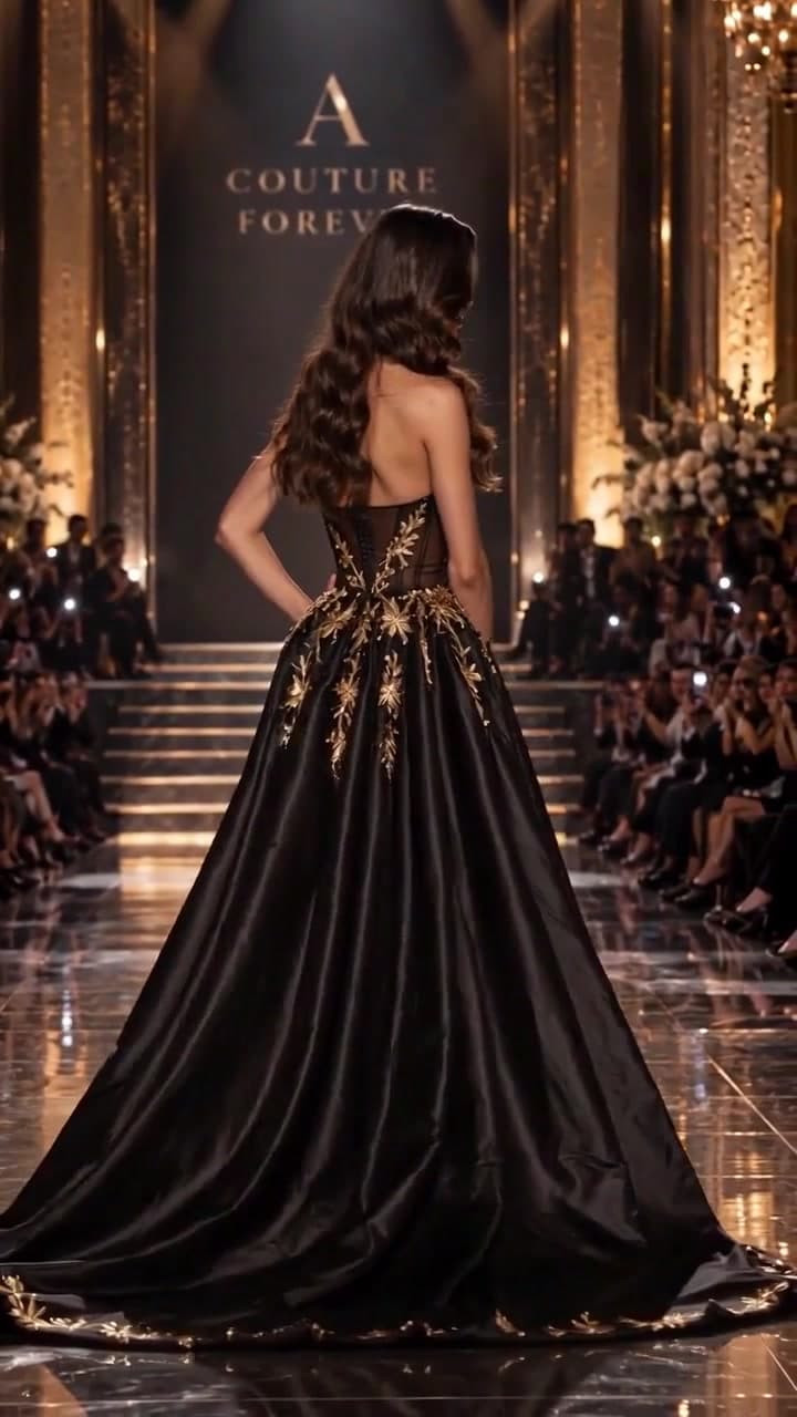 The model walks away down the runway in a black and gold gown