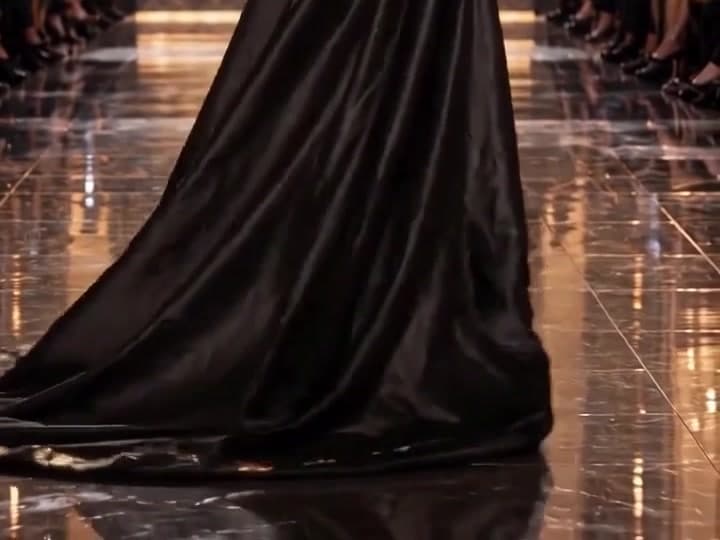 The gown's train on the mirrored runway