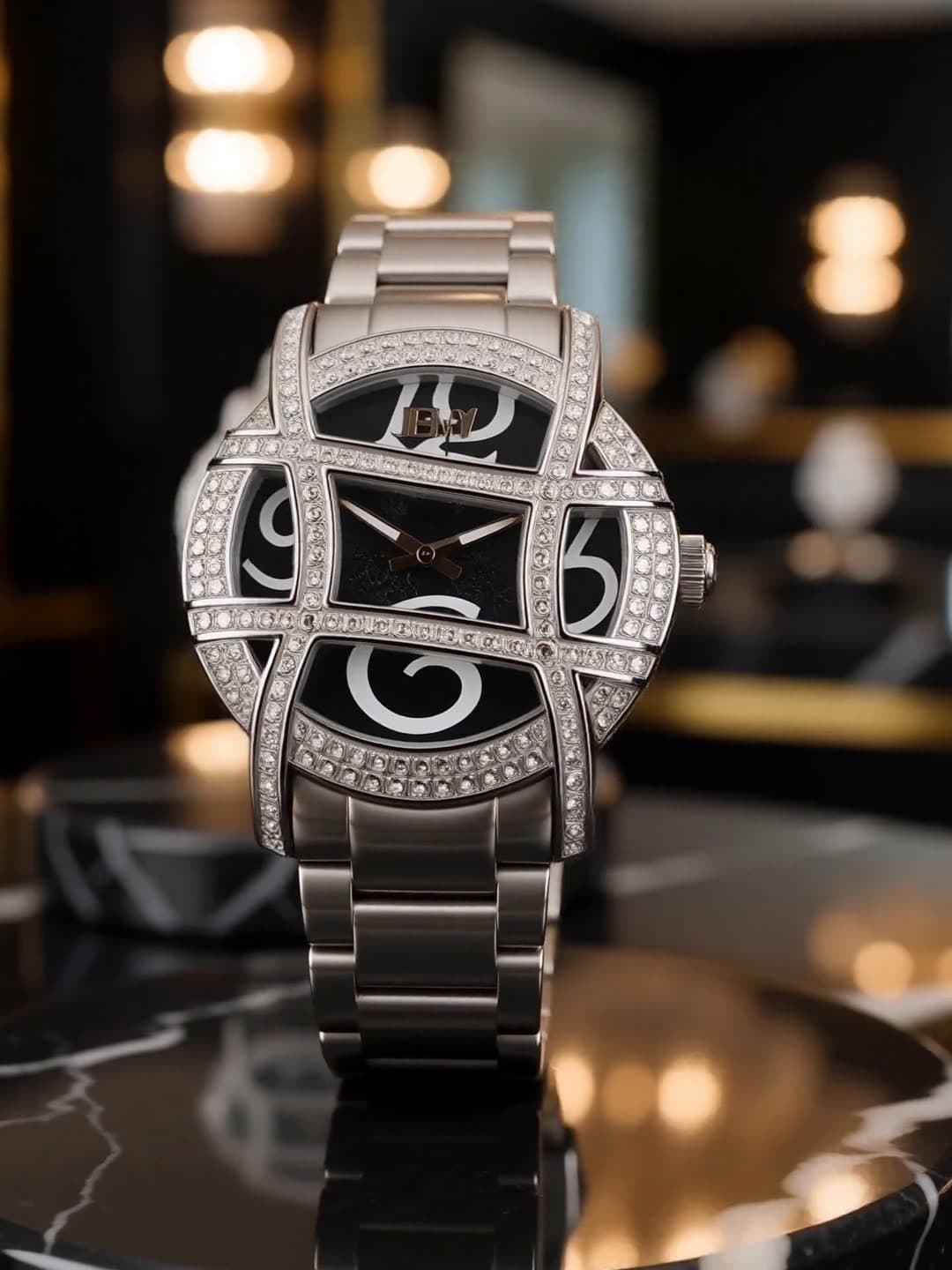 Crystal cage watch on a marble plinth